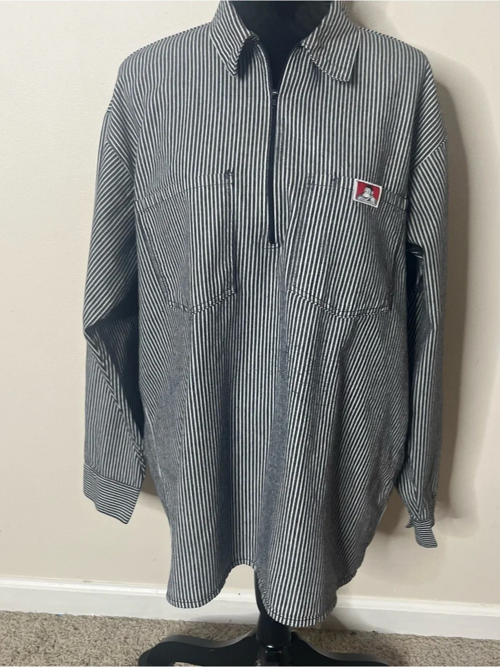 Ben Davis Men’s Blue White Railroad Striped Half Zip Long Sleeve Shirt Sz XL